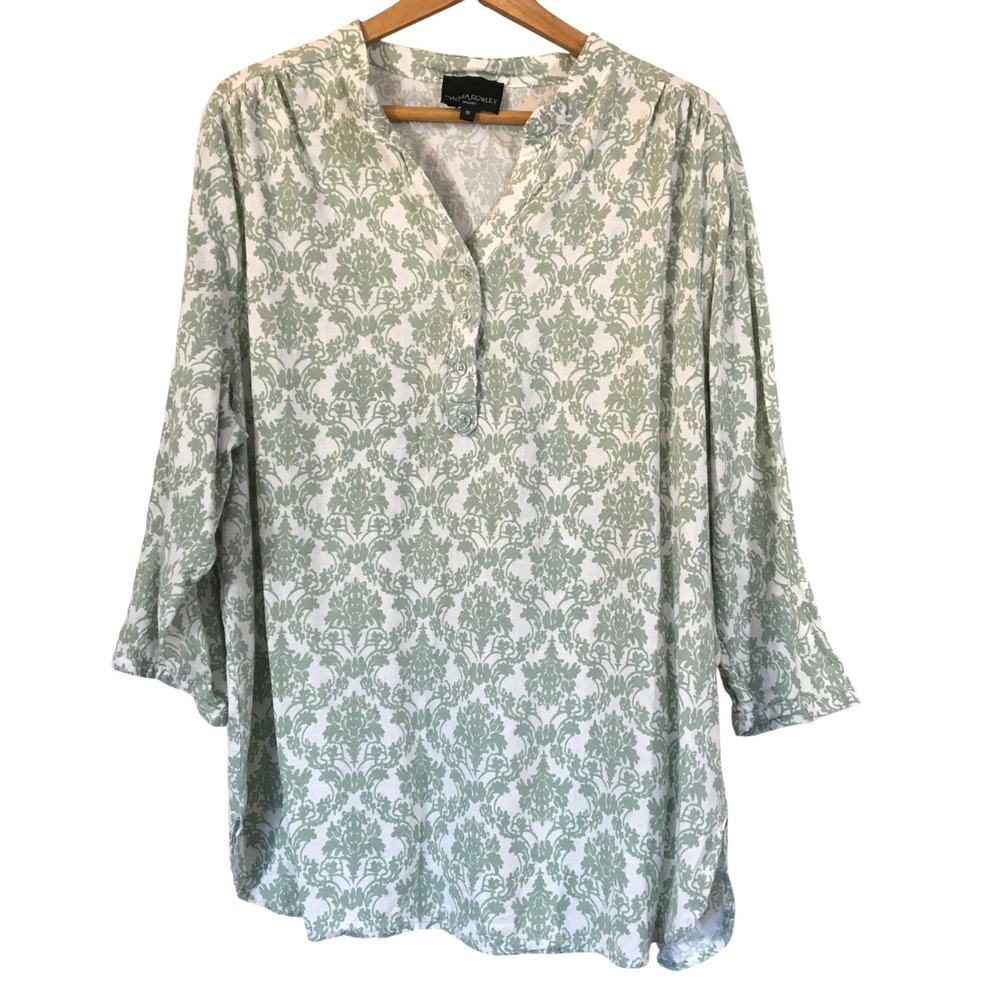 Cynthia Rowley Woman 1X Linen Blend Blouse Green White Floral Print Long Sleeve‎